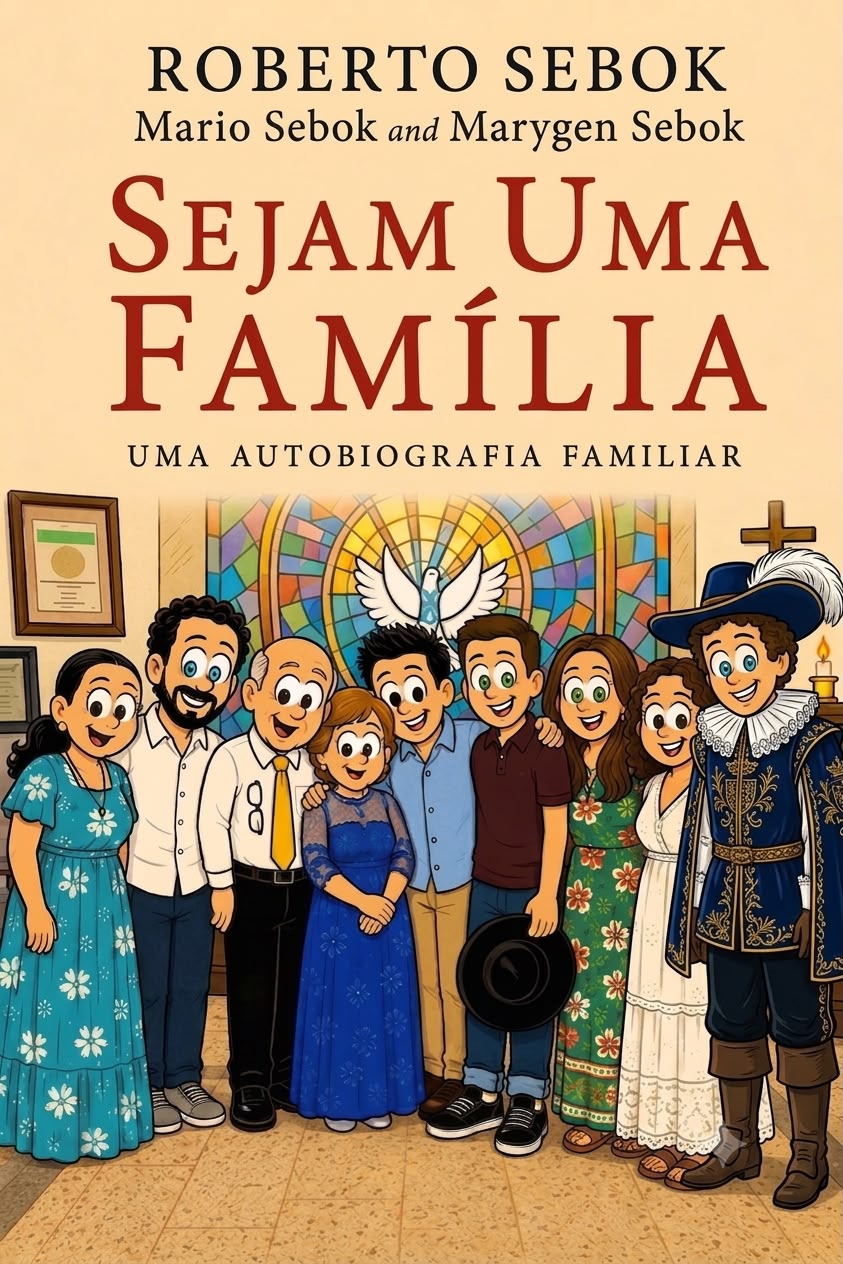 Cover of the book Sejam Uma Família — the Sebok family gathered in front of a stained-glass window with a dove